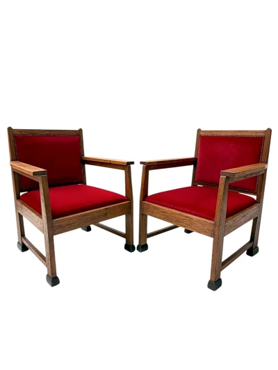 1920s Art Deco Lounge Chairs by Architect Schubad, Solid Oak & Velvet